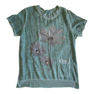 Via Vital Linen Cotten Blend Teal Short Sleeve Tee Sz M​​​